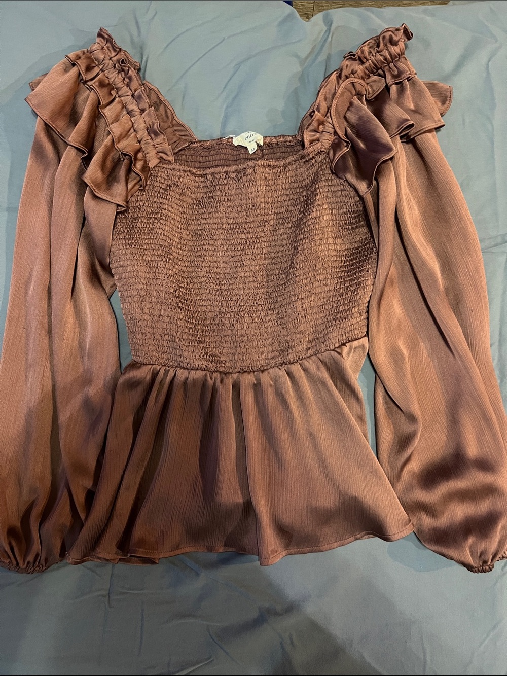 Smocked Ruffle Long-Sleeve Top - Brown/pink